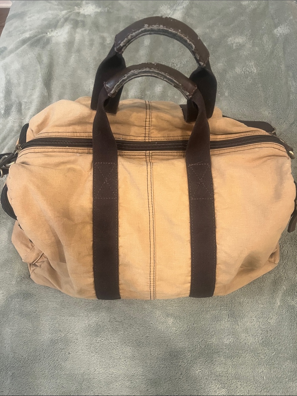 Fossil Canvas Duffel Bag in Tan with Dark Brown Straps